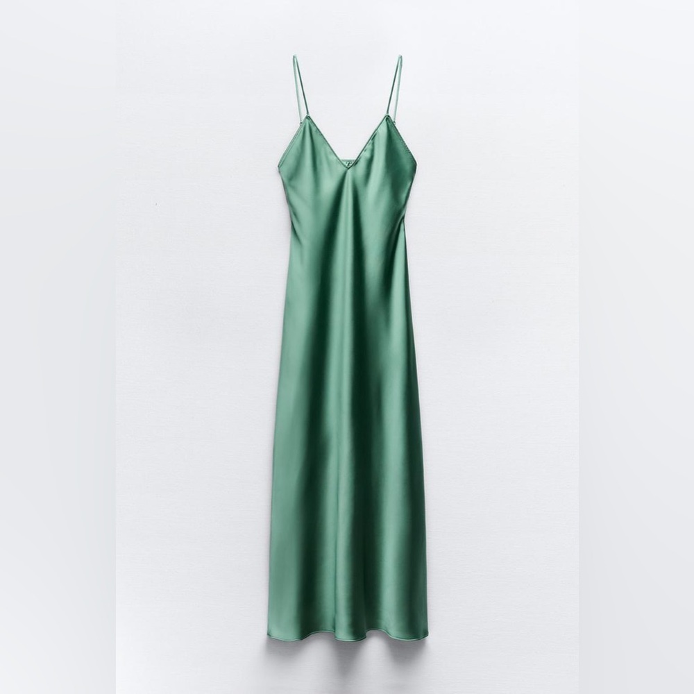 Zara Emerald Green Maxi Dress Satin Slip Wedding Evening Party - Picture 10 of 13